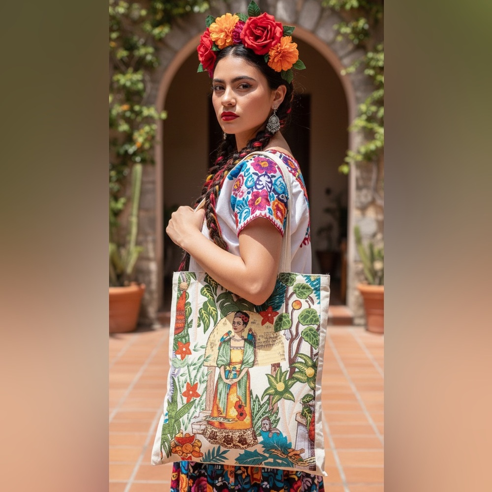 Tote bag with mexican artist Frida Kahlo (cotton). Exclusive and OOAK!